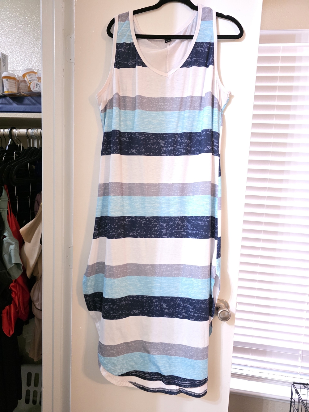 Sleeveless Striped Tank Dress in White and Blue 2x Size Beach Maxi